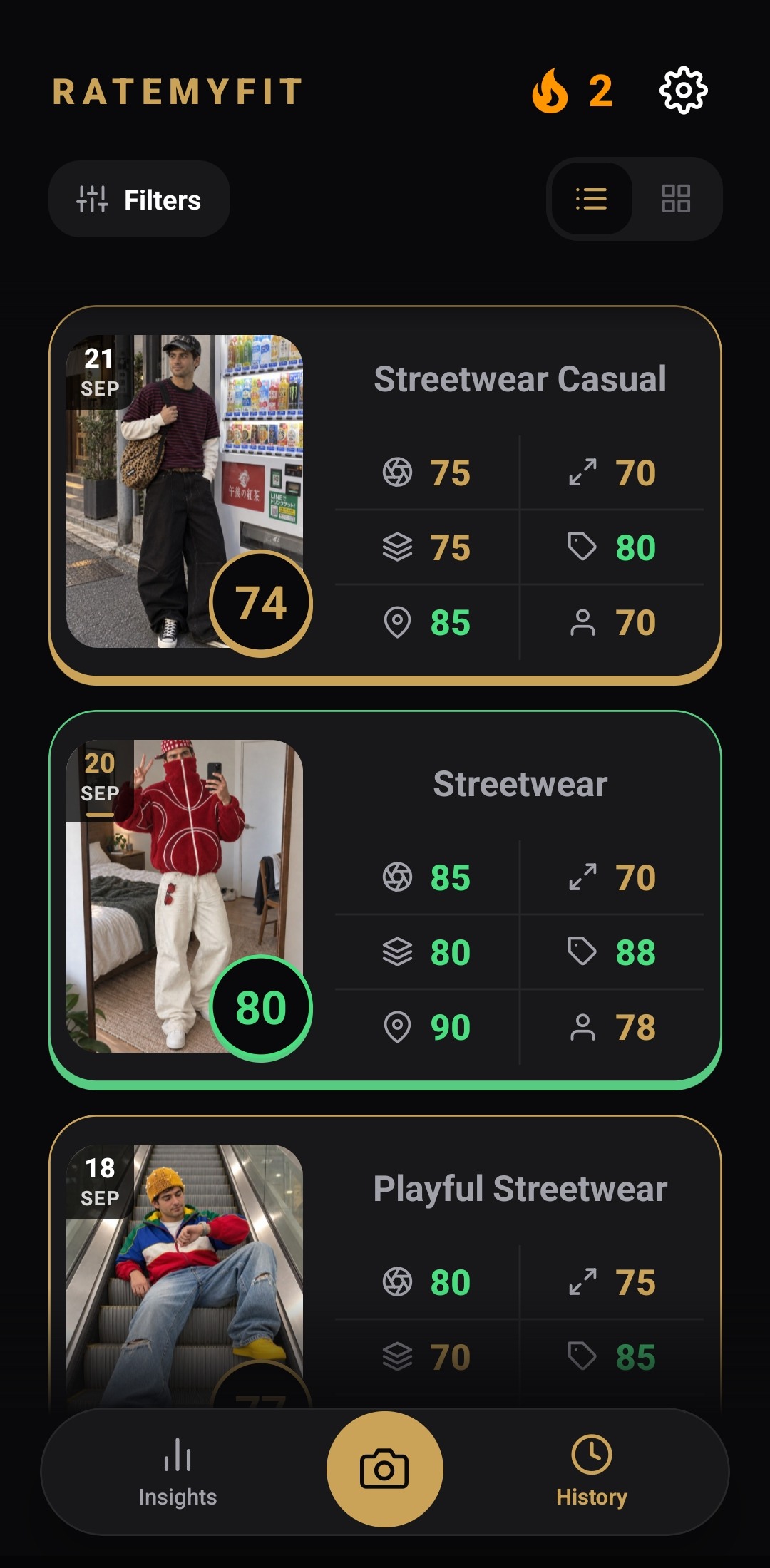 RateMyFit saved outfit history